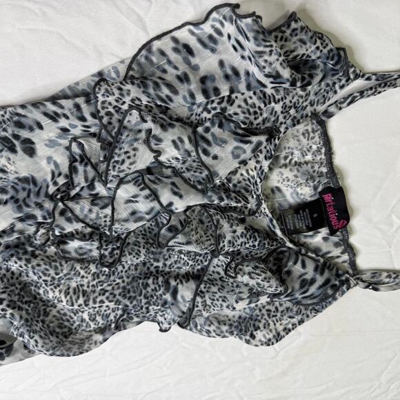 Black silver leopard print cami top with ruffles and tie straps - Picture 3 of 7